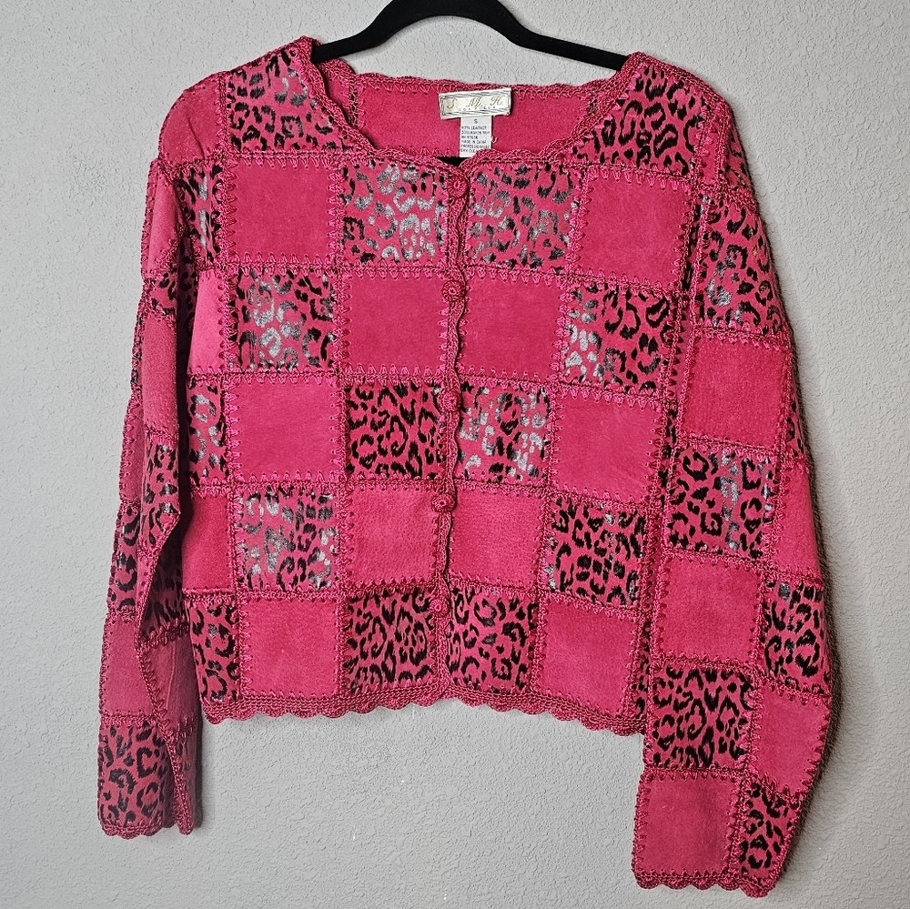 Vintage Fuschia‎ Pink Womens S Small Leather Short Jacket Patchwork Leopard Lace